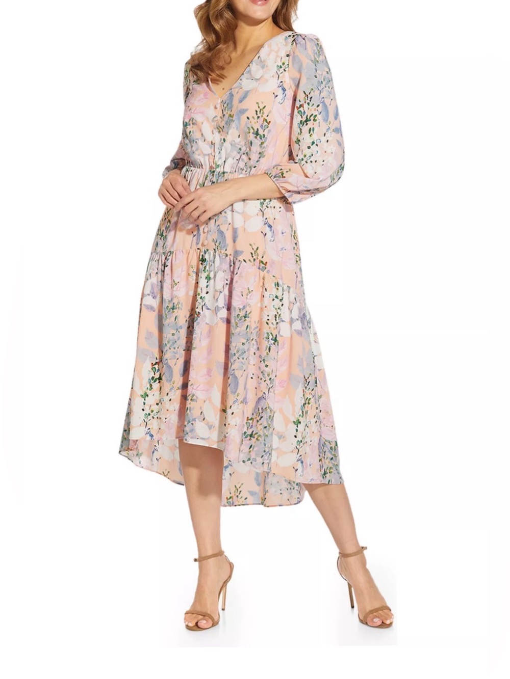 Adrianna Papell 20W Dress Floral Chiffon Tiered V-Neck High Low Pink Plus Size
